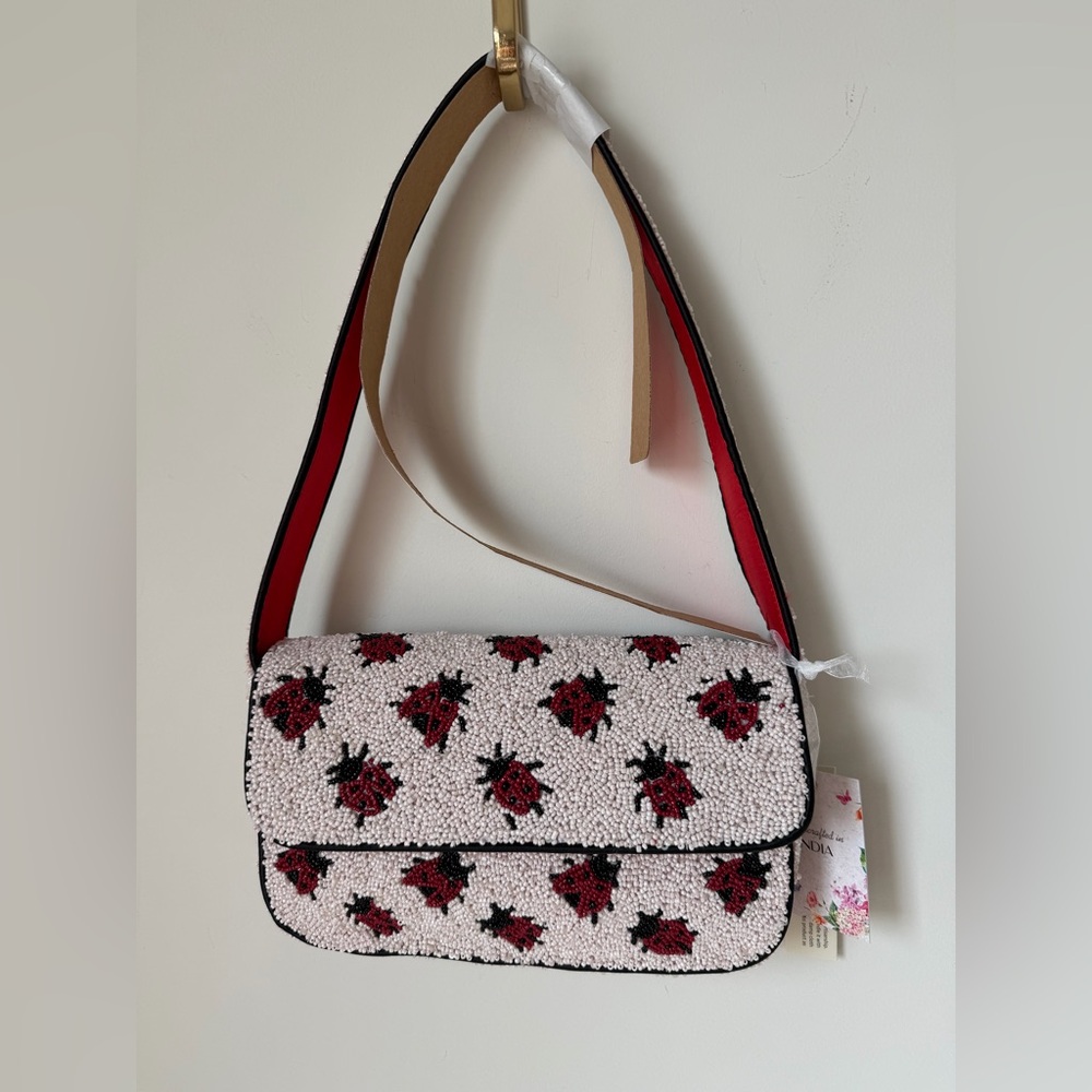 beaded ladybug cream red shoulder bag